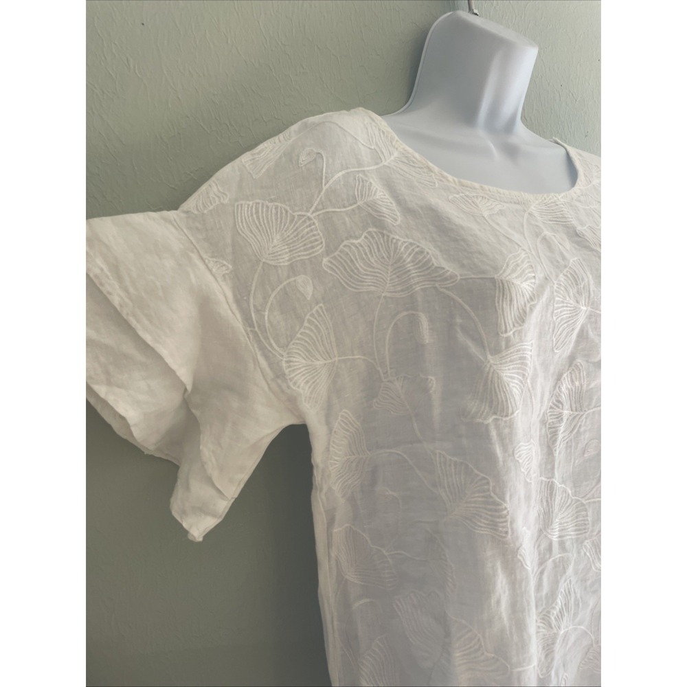 VALENTINA NALDI Made in Italy White 100% Linen Embroidered Ruffle Sleeve Top S - Picture 4 of 6